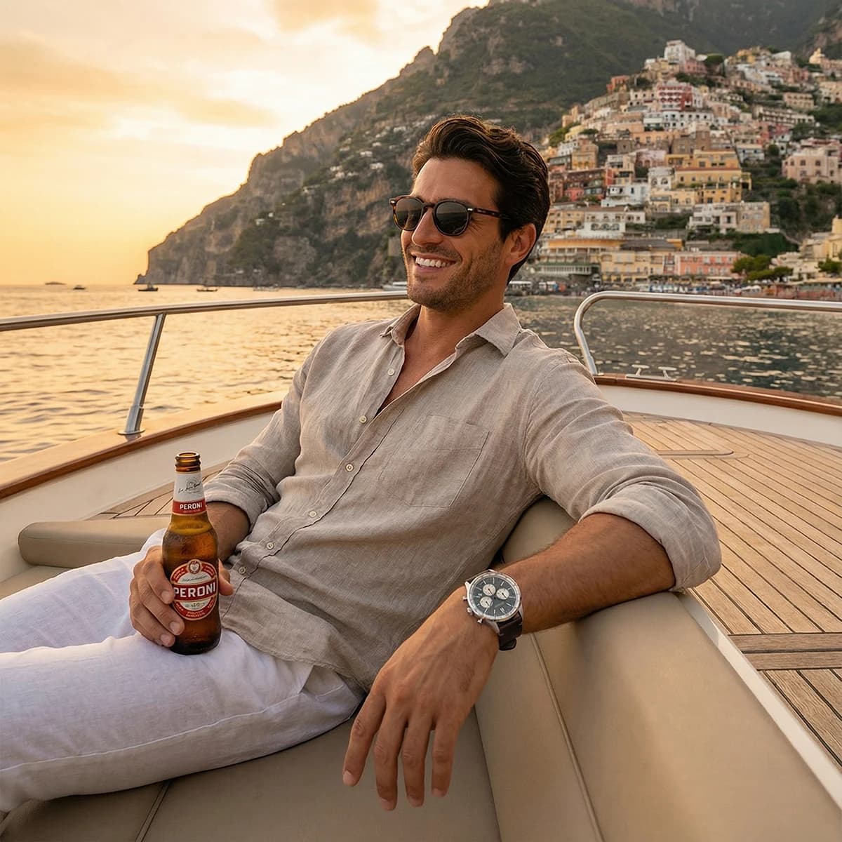 Valóre Lusso Marrone horloge aan boord van een boot bij Positano
