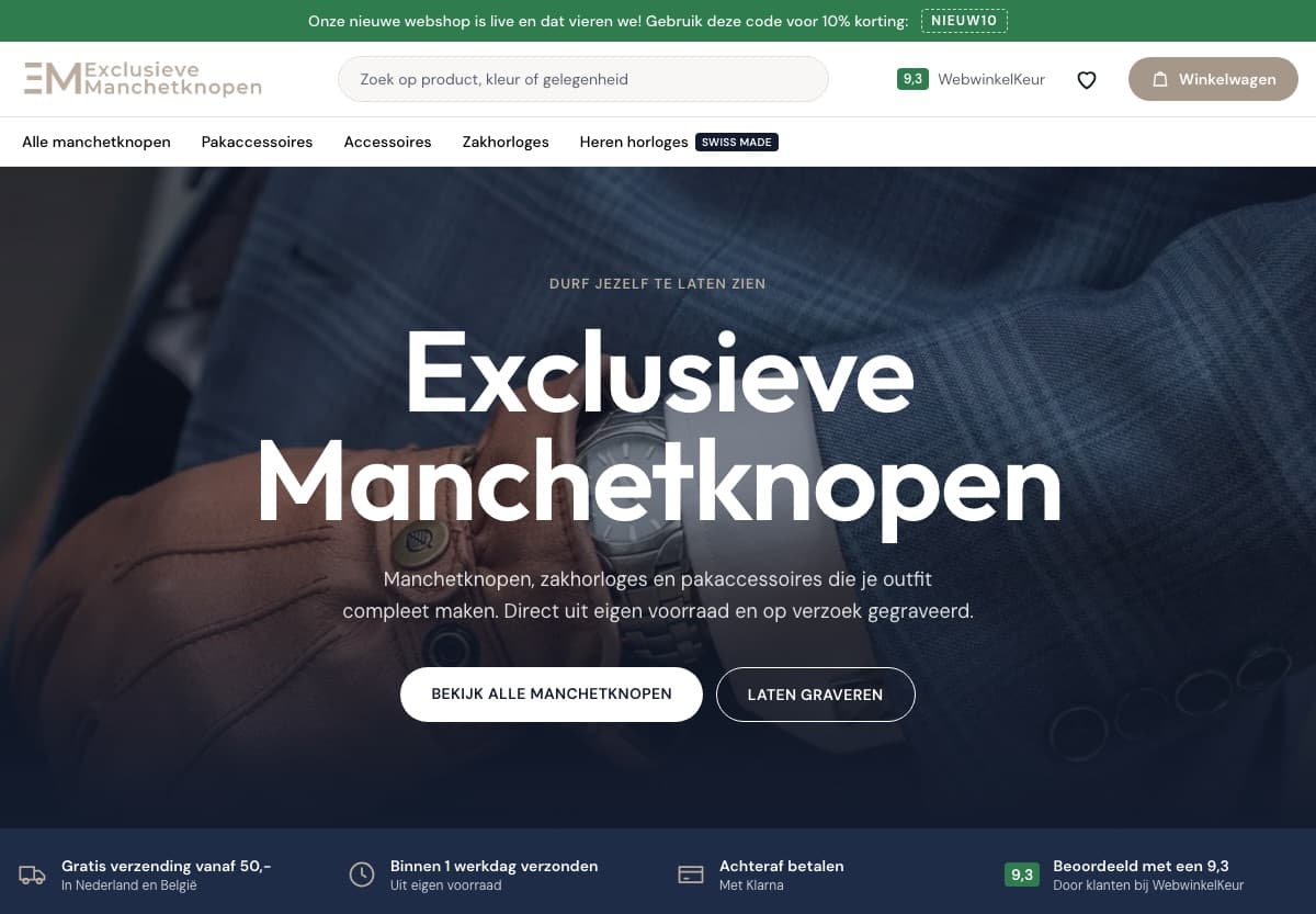 Screenshot van de website van Exclusieve Manchetknopen