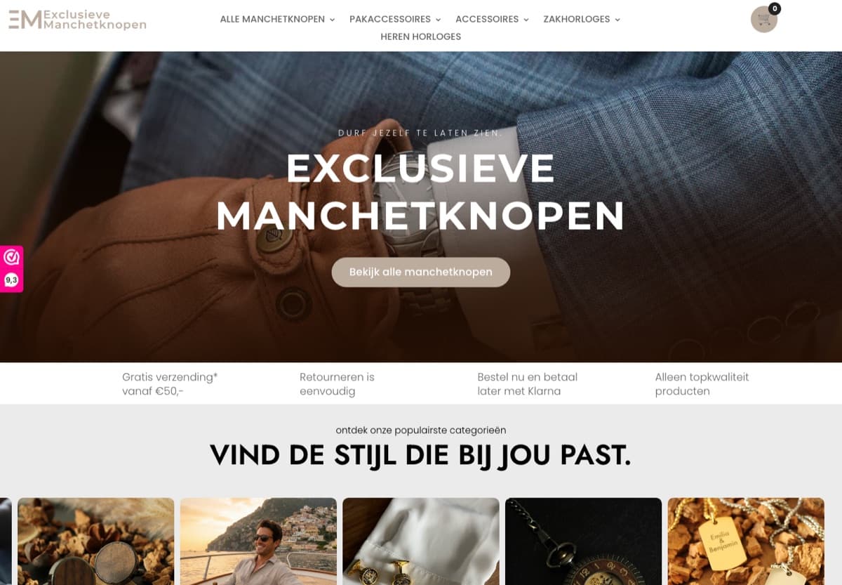 Screenshot van de website van Exclusieve Manchetknopen