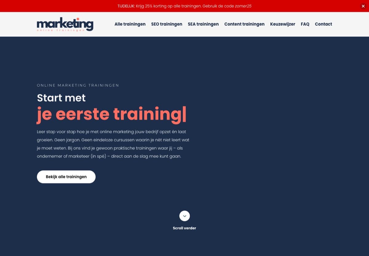Screenshot van de website van Online Marketing Trainingen