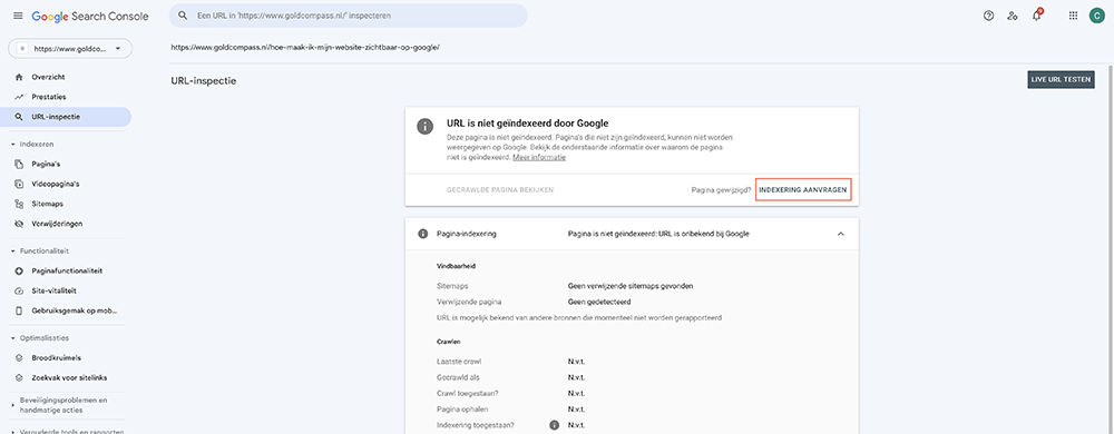 Indexering aanvragen nieuwe pagina - Google Search Console